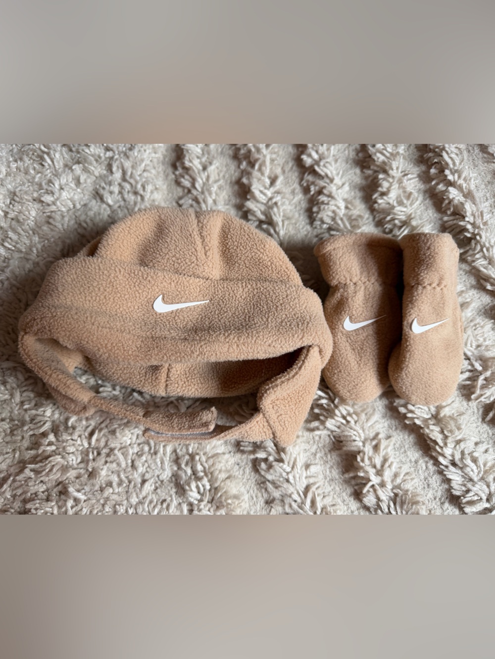 Nike Baby Tan Fleece Hat and Mitten Set with White Swoosh
